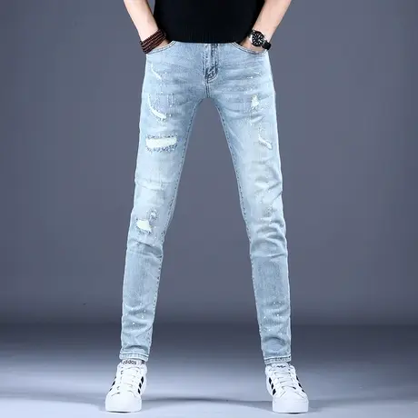 男士浅色破洞牛仔裤男款补丁乞丐修身小脚裤子男秋款潮流高端潮牌商品大图
