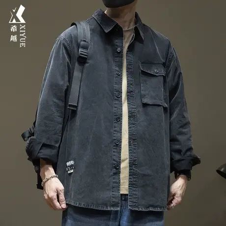 希越纯棉复古水洗衬衫男秋季宽松大码ins做旧翻领口袋上衣外套潮商品大图