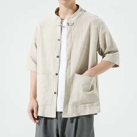 夏季中袖衬衫男宽松立领亚麻面料复古日系中国风大码男装休闲衬衣商品大图