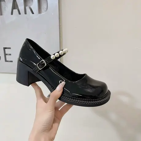 玛丽珍鞋女小皮鞋2023新款小众晚晚风温柔鞋珍珠一字扣粗跟单鞋女商品大图