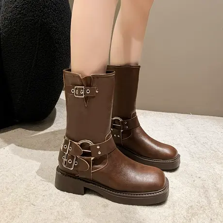 网红马丁靴女2023新款秋季英伦风骑士复古短靴厚底机车西部牛仔靴商品大图