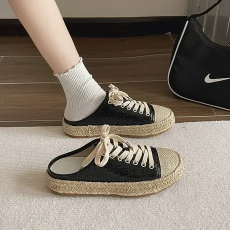 欧洲站2023新款亮片包头半拖鞋女外穿厚底欧货一脚蹬麻绳渔夫女鞋图片