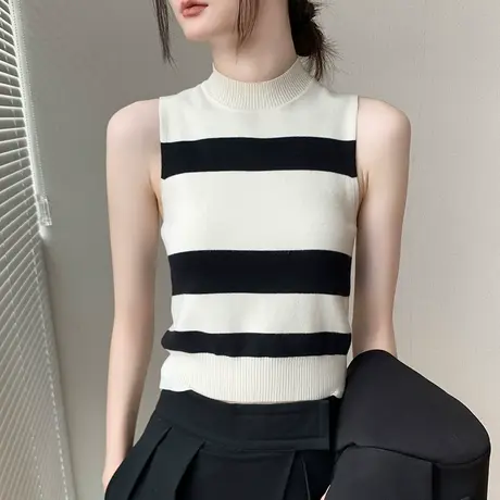 韩版半高领撞色条纹拼接无袖背心女早秋收腰显瘦西装内搭打底衫商品大图