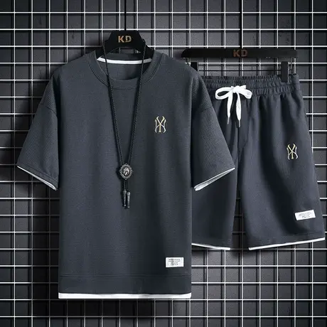 假两件短袖t恤男士夏季刺绣华夫格衣服一套搭配休闲运动男装套装图片