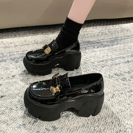 乐福鞋女2024年春季新款厚底英伦风小皮鞋一脚蹬春秋黑色超火单鞋图片