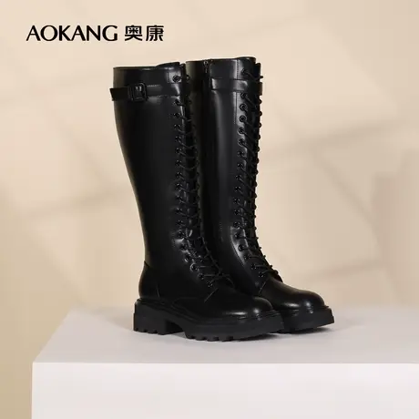 奥康女鞋冬季显瘦绑带长筒女靴黑白百搭光面女鞋骑士靴高筒马丁鞋商品大图