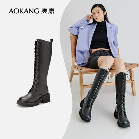 奥康女鞋 2022冬季新款时尚休闲长筒骑士靴马丁靴粗跟舒适显瘦潮图片