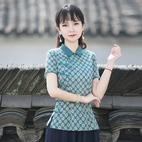 筠雅唐装女中国风2022年夏季短袖旗袍上衣棉麻薄款中式盘扣女装商品大图