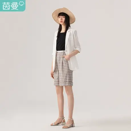 【商场同款】茵曼2023特价清仓中腰经典格纹卷边赠送腰带甜酷短裤图片