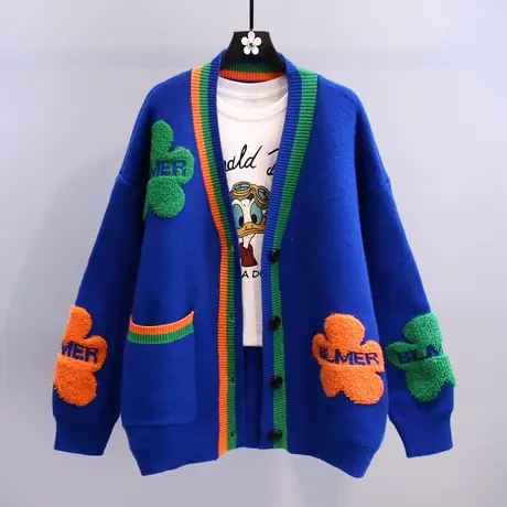 克莱因蓝撞色小花毛衣外套女2023春装新款宽松慵懒风洋气针织开衫图片