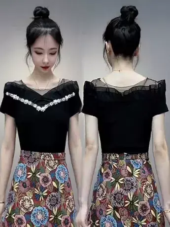 性感露肩一字领洋气上衣2023夏季新款修身拼色小衫钉珠短袖T恤女商品大图