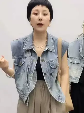 复古牛仔马甲女夏季2023新款设计感小众外搭无袖气质短款上衣外套商品大图