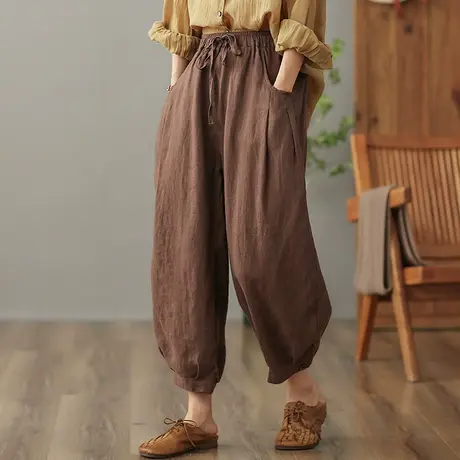 dza 高腰显瘦亚麻休闲裤女2023夏季九分阔腿哈伦裤宽松百搭棉麻裤图片