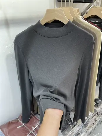 欧货简约纯色长袖T恤女2023早秋新款时尚螺纹百搭减龄打底衫上衣商品大图