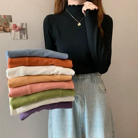 木耳边半高领打底衫2023年春秋冬季新款内搭洋气毛衣针织衫女上衣图片