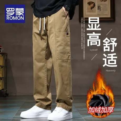罗蒙纯棉工装裤男士宽松直筒潮牌秋冬加绒高街阔腿卡其色休闲裤子商品大图