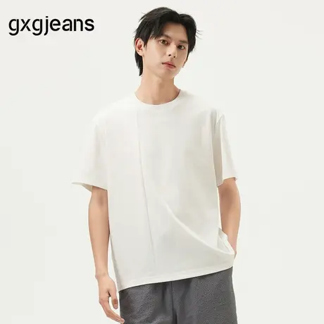 gxg.jeans男装 白色拼接肌理简约休闲圆领短袖T恤男士 25夏新品图片