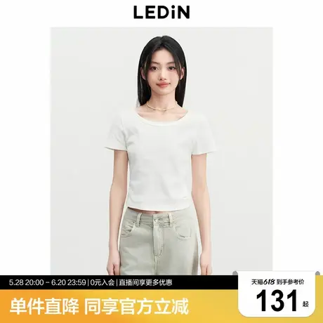 乐町韩系通勤后背U领短袖T恤短款2025夏新款下摆蕾丝小标设计上衣商品大图