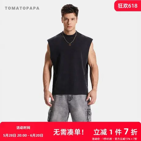 TOMATOPAPA夏背心宽松高街潮牌复古水洗做旧重磅棉开叉无袖背心男商品大图