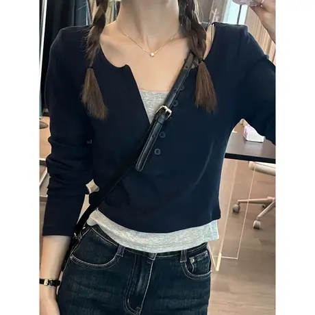 辣妹短款长袖T恤女初秋百搭修身显瘦拼接设计感小众假两件上衣服商品大图