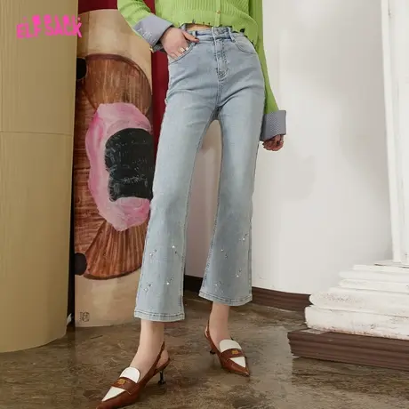 妖精的口袋镶钻浅色微喇牛仔裤女2023春夏季新款小个子九分烟管裤图片
