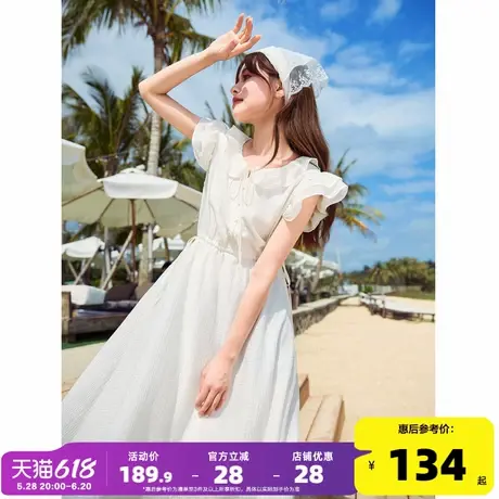 唐狮小飞袖白色连衣裙女2025新款女夏季甜美仙女裙茶歇法式长裙e4商品大图