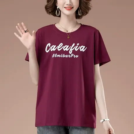 短袖t恤女夏季加肥加大码女装宽松纯棉休闲遮肚显瘦圆领半袖体恤商品大图