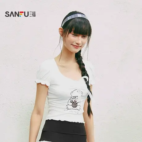 三福女夏季泡泡袖T恤 时尚甜美清新少女休闲短袖上衣504261商品大图