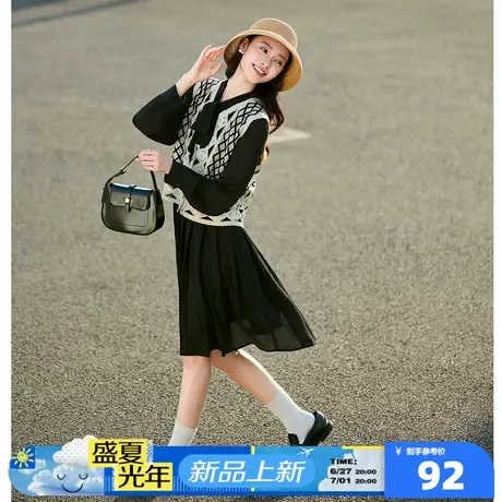 [连衣裙+马甲] 唐狮黑色长袖连衣裙女套装秋装新款气质女装长裙图片