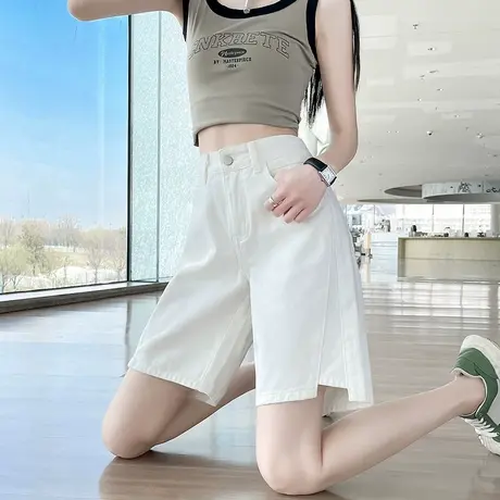白色拼接五分牛仔短裤女夏季薄款高腰宽松显瘦小个子直筒5分中裤图片