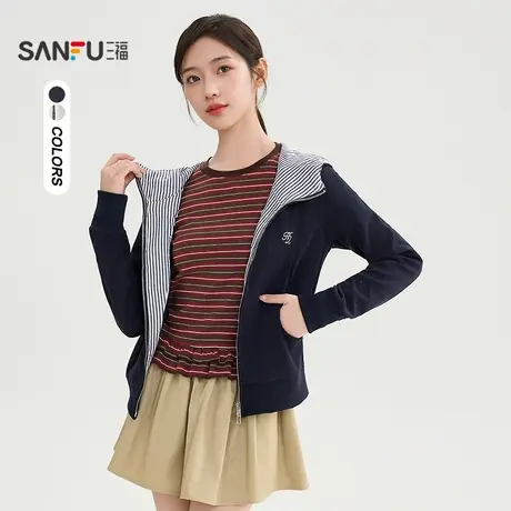 三福卫衣2025秋季字母刺绣双头拉链连帽开衫上衣女装507354商品大图