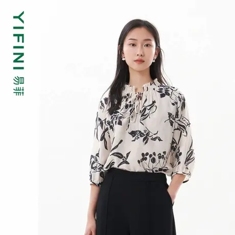 [专柜同款]Yifini/易菲木耳领飘带三醋酸宽松短款衬衫女夏季新款商品大图