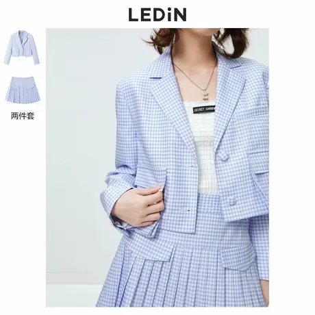 【断码清仓】乐町俏皮蓝色西服休闲夏季新款复古格纹西装外套女商品大图