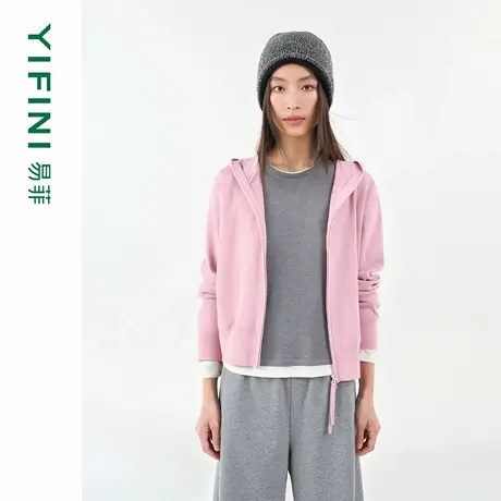 [专柜同款]Yifini/易菲时尚宽松连帽短款毛织开衫针织外套女25秋商品大图