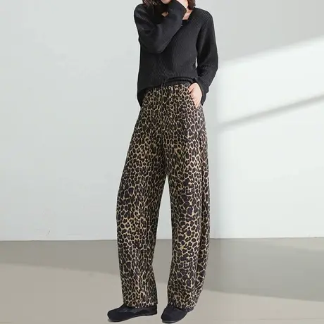 时尚休闲豹纹弯刀裤女2025春秋新款高腰宽松显瘦松紧腰垂感直筒裤商品大图