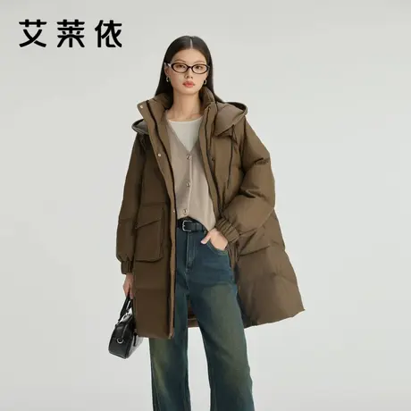 艾莱依新款羽绒服简约质感中长款大衣PU面料加厚宽松连帽防风外套图片