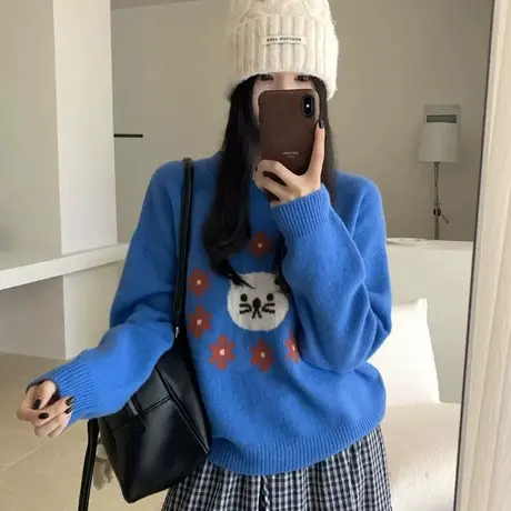 小猫提花针织衫女秋季新款宽松圆领时尚百搭可爱减龄长袖毛衣外穿商品大图