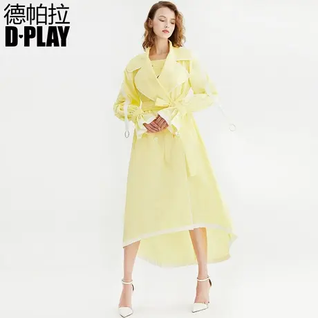 DPLAY德帕拉春款欧美亮黄色松紧喇叭袖双排扣长款风衣商品大图