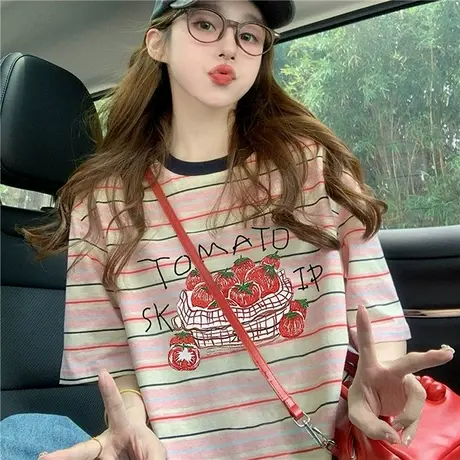 粉色条纹短袖t恤女2025新款夏季设计感印花韩系正肩宽松撞色上衣商品大图