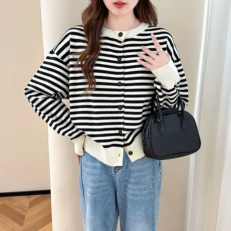 唐狮秋冬季经典细条纹圆领开衫女针织外套春秋高级感百搭毛衣女TE图片