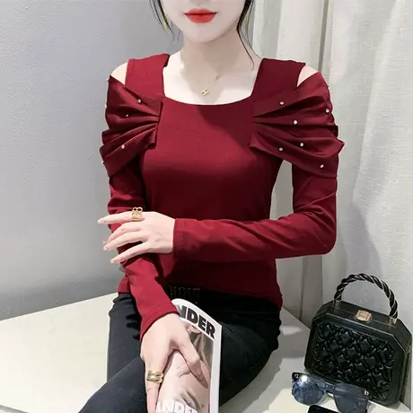 2023秋季新款镂空露肩上衣性感烫钻拼接T恤女长袖洋气修身打底衫商品大图