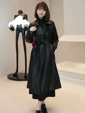 高级感时尚气质长款过膝皮衣外套女2023春秋季新款皮机车皮大衣潮商品大图