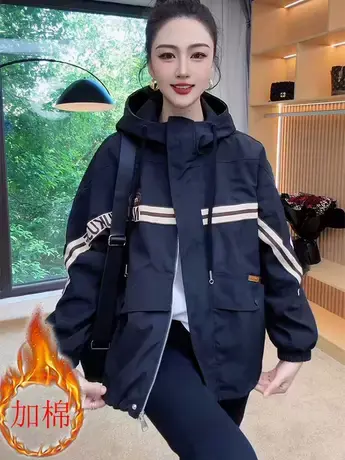 字母连帽外套女2023秋季新款宽松时尚撞色夹克上衣美式风衣短外套图片