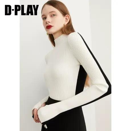DPLAY春新款时尚黑白拼色半高领修身套头毛衣商品大图