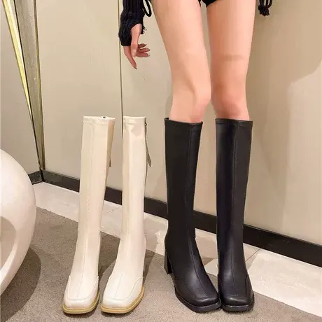 长筒靴女2023春秋季新款英伦风潮流复古方头瘦瘦靴粗跟高跟骑士靴图片