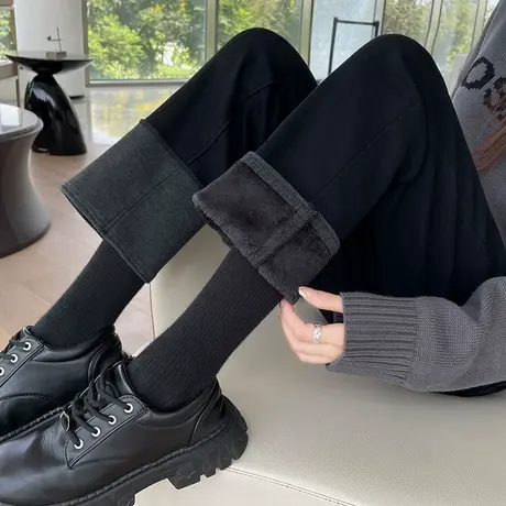 黑色高腰卷边直筒牛仔裤女2023秋冬新款拼接加绒小个子九分烟管裤商品大图