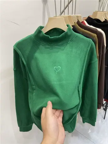 设计感刺绣爱心双面德绒长袖卫衣女2023秋冬新拼接半高领宽松上衣商品大图
