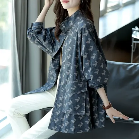 宝诗黎立领印花中长款时尚外套2023秋季新款长袖薄款口袋上衣女装图片