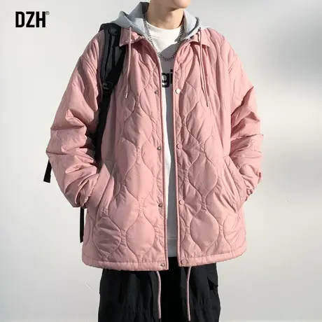 男士粉色外套男冬棉服菱格假两件连帽加厚棉衣2023新款棉袄男冬季图片