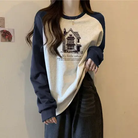 超火cec拼接长袖T恤女春秋冬百搭宽松显瘦休闲加绒加厚插肩袖上衣商品大图